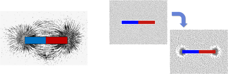 棒磁石と砂鉄を用いた磁力線の可視化実験(左)とAnsys Rockyによる砂鉄粒子の挙動解析(右)
