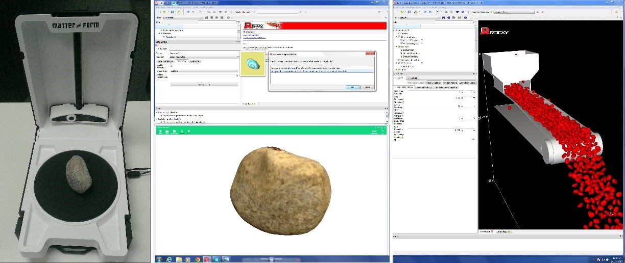 スキャナー上の実物の粒子（左）、Rocky DEMにインポートした3次元形状モデル（中央）、新しい粒子形状を用いたシミュレーション（右）