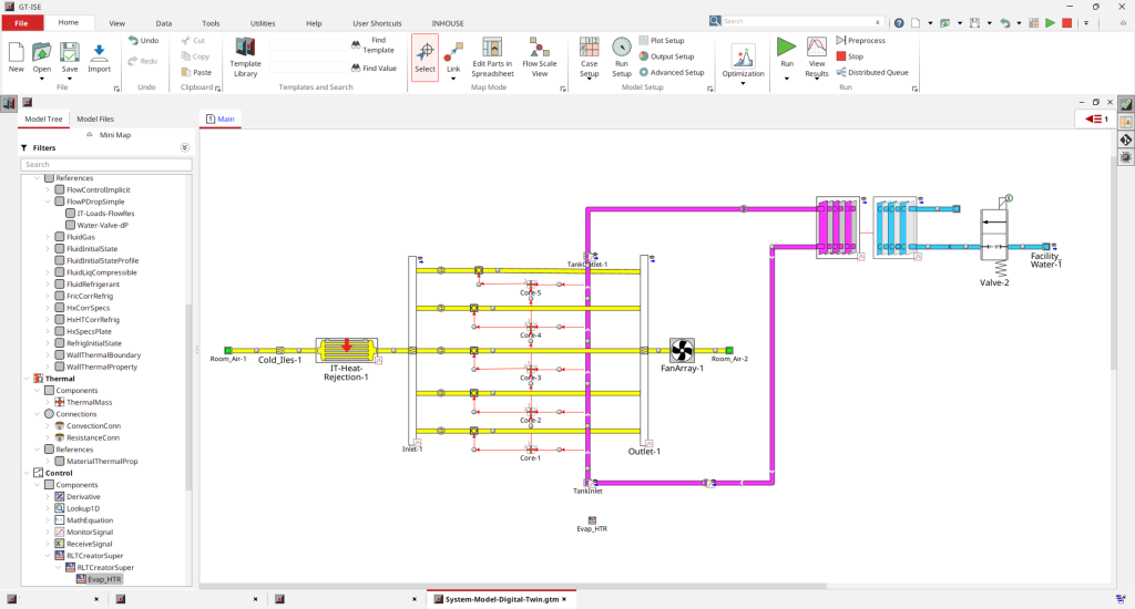 ITラック、気流管理、施設の冷水ループに接続されたリアドア熱交換器を統合したデータセンター冷却アーキテクチャのGT-SUITEシステムモデル