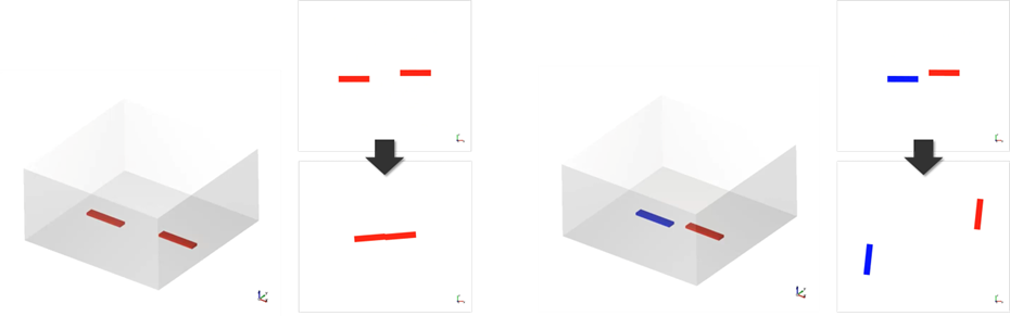 異なる磁極間に働く引力(左)と同じ磁極間に働く斥力(右)