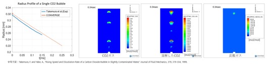 CO2気泡径の時間変化とガス化学種モル率分布