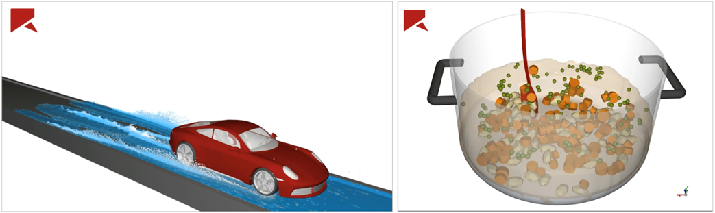 ウエットコンディションにおける車両の挙動予測（左）とスープ調理中の野菜の挙動予測（右）