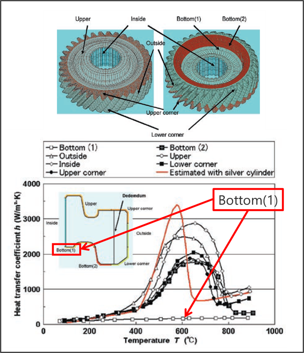歯車(上)の油焼き入れ実験から算出された歯車の場所ごとの熱伝達率(下) [1]