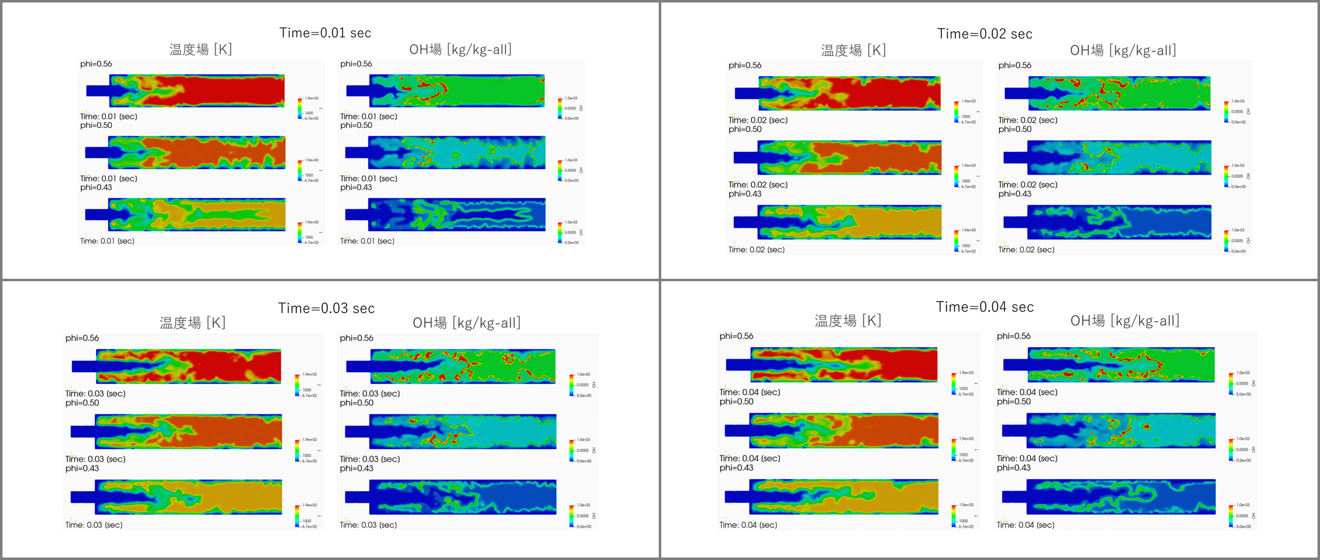 温度場(左)とOH場(右)の時間変化