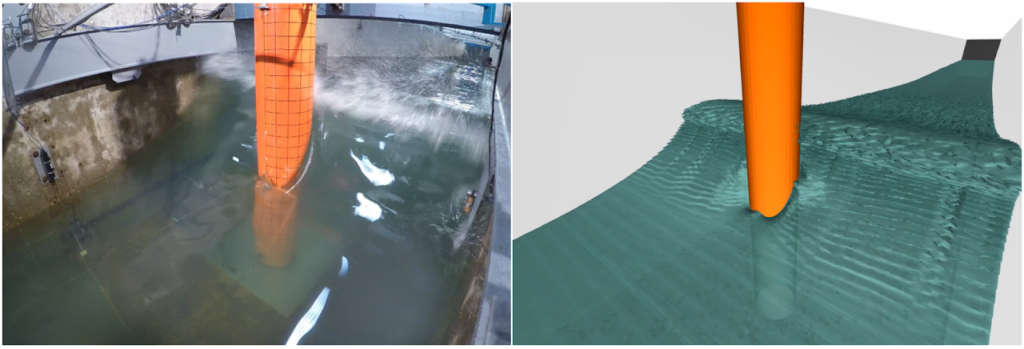 モノポールで砕ける波の、オレゴン州立大学における実験設定（左）と、それに対応するCONVERGEでのシミュレーション（右）