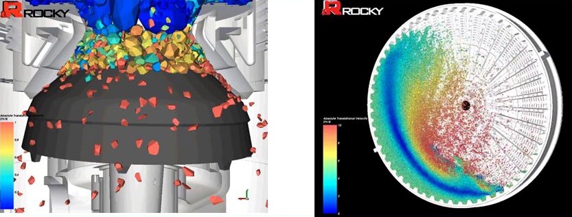 図1：コーンクラッシャー（左）とSAGミル（右）のRocky DEMによるシミュレーション