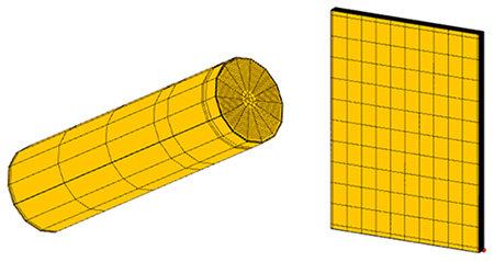 円筒型、積層型の形状に対してFEメッシュを作成し、熱解析を実行の図